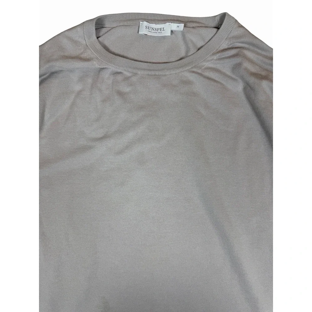 Sunspel Mens Medium Beige Long Sleeve Crewneck Cotton Knit Shirt Luxury England